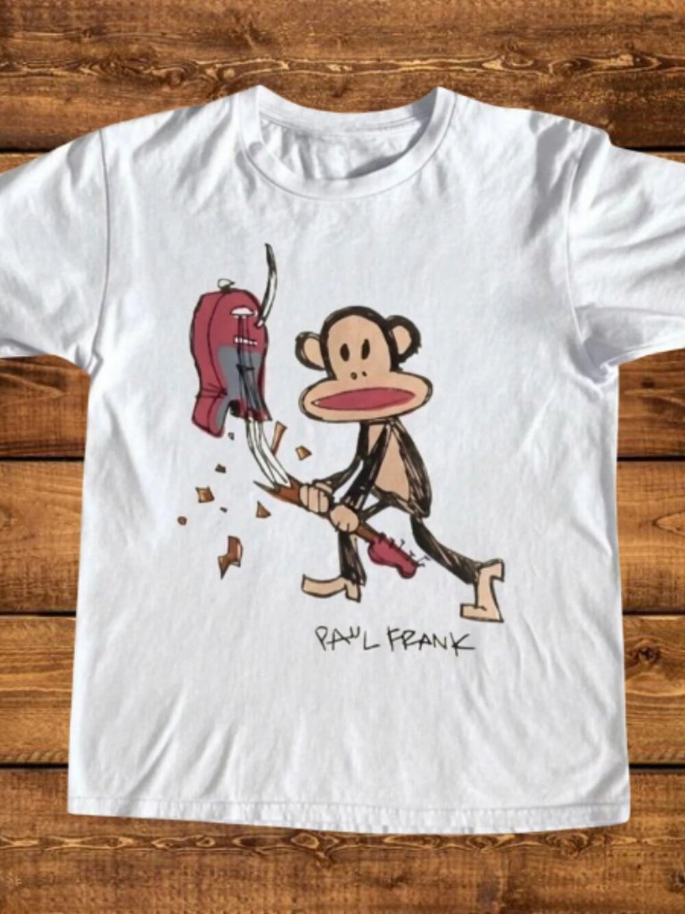 White Gildan Paul Frank Monkey Smashed Guitar T-Shirt